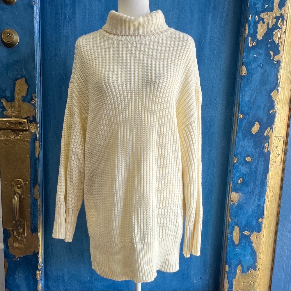 Elegant Cream Turtleneck Oversized Sweater Dress
